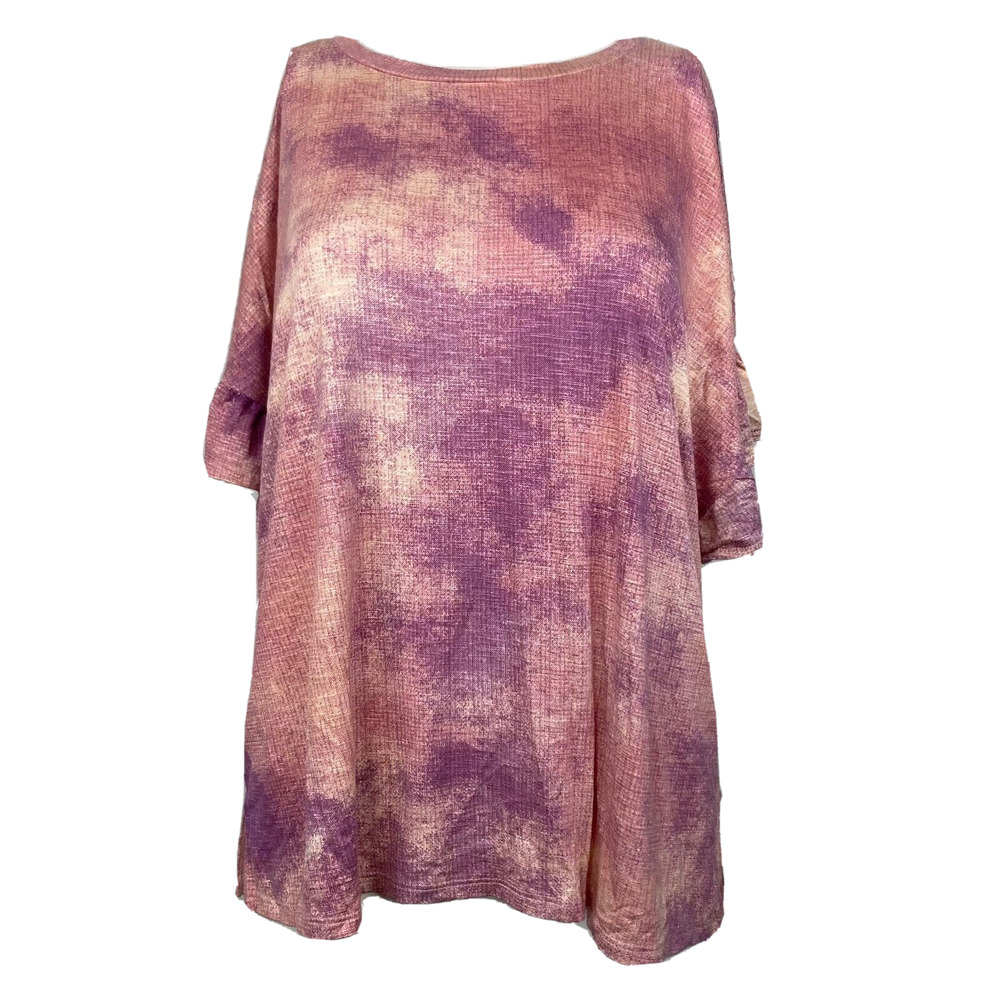 Lularoe Shirt Womens Sz M‎ Pink Purple Print Knit Stretch Ruffle Sleeve Top